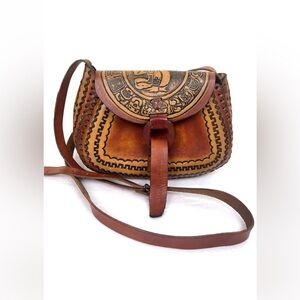 Vintage Tooled Leather Mexico Flap Shoulder Crossbody Bag